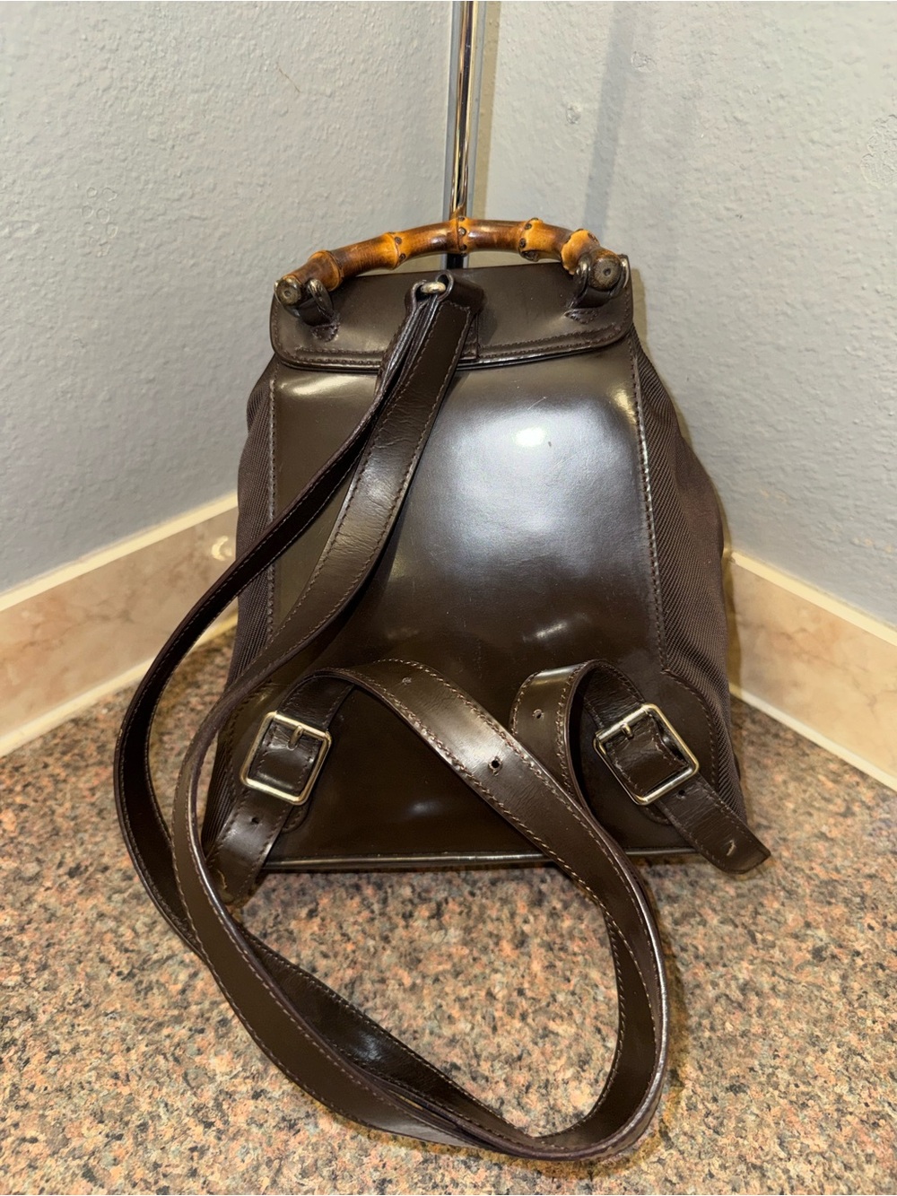 Gucci bamboo Vintage Brown Nylon & Patent Leather Mini Backpack (WITH COA) - Picture 3 of 10